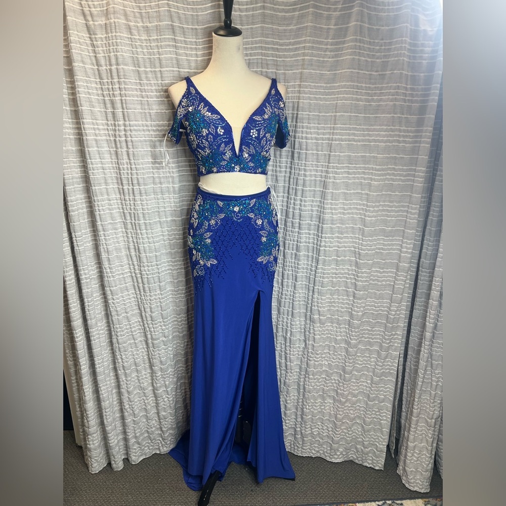 Rachel Allan Royal Blue Off The Shoulder Two-Piece Dress